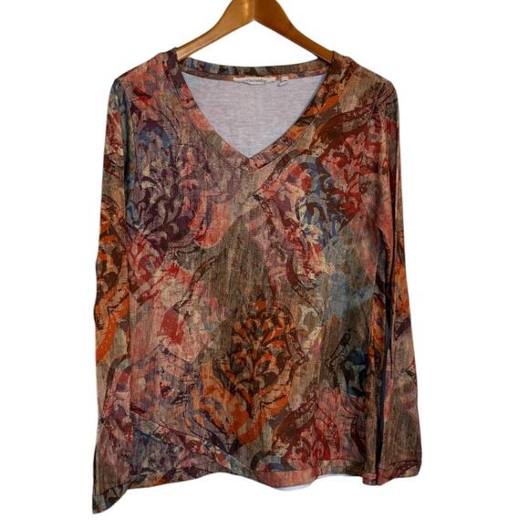 Soft Surroundings Top Women Medium Petite Orange‎ Artesia V Neck Wearable Art - Picture 1 of 7